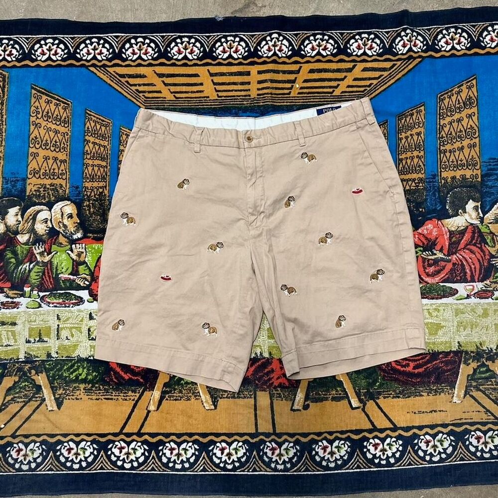 Polo Ralph Lauren bulldog shorts Tan Khaki colorway embroidered dogs golf casual